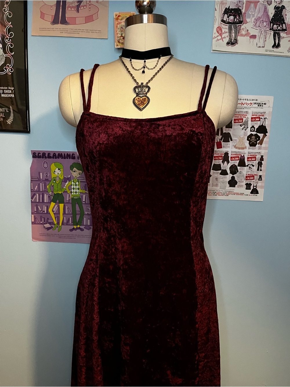 Vintage 90s Y2K Burgundy Stretch Velvet Whimsigoth Maxi Dress Sm/Md - Picture 5 of 10